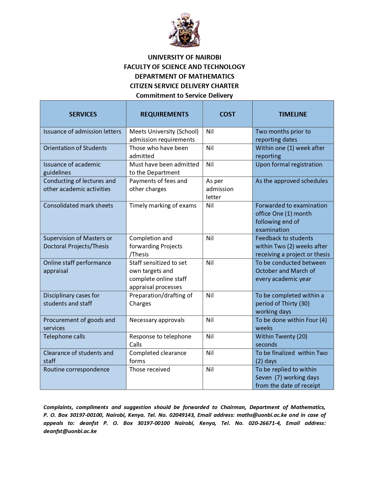 DEPARTMENT OF MATHEMATICS CITIZEN SERVICE DELIVERY CHARTER DEPARTMENT